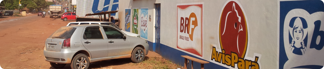 Carro da MASA estacionado em frente a um comércio parceiro decorado com propagandas de marcas, em Santarém